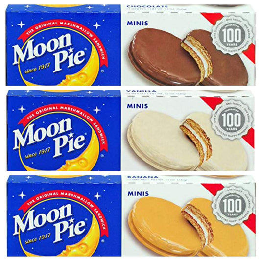 Generic Moon Pie -Mini's 3 Boxes of - Chocolate - Vanilla -Banana 6 pie's per box,3 Boxes 18 pies total and 3 x Bright Colored Lunch Bags
